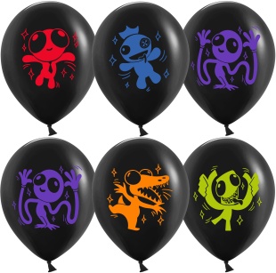 Шар (12''/30 см) Радужные друзья, Черный, флуор, 2 ст, 25 шт.