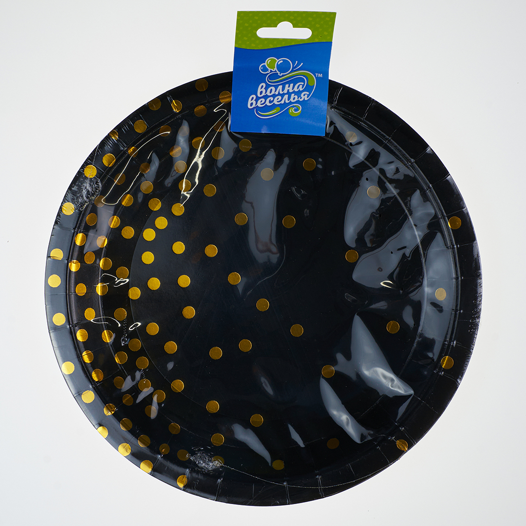 Тарелки (9''/23 см) Конфетти, Черный/Золото, Металлик, 6 шт.
