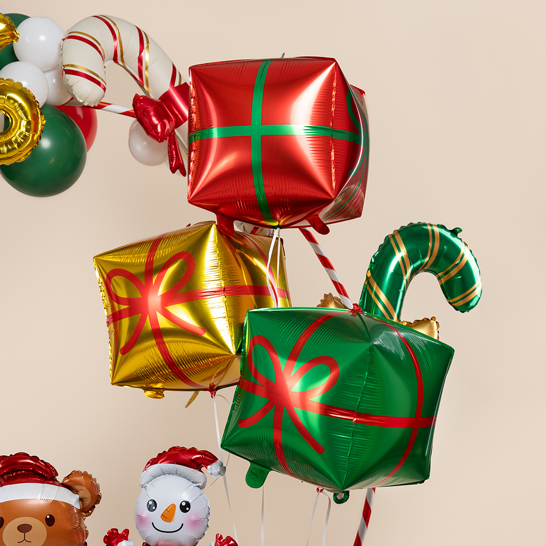 Шар 3D (22''/56 см) Куб, Подарок, Золото/Красный, 1 шт.