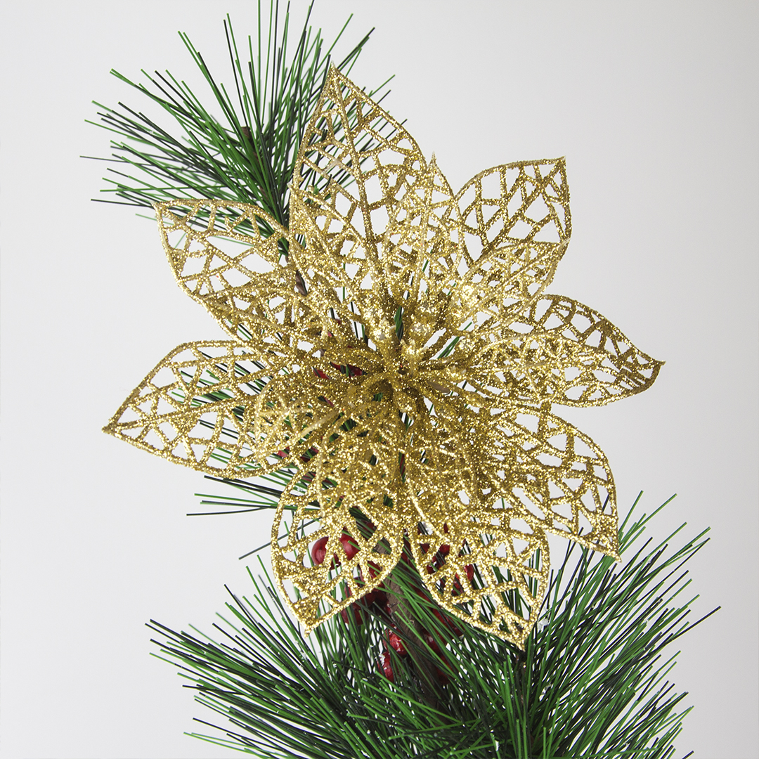 Цветок Пуансеттия, на клипсе, 14 см. Красный, с блестками, 2 шт.