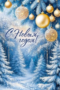Открытка, С Новым Годом! (лес и золотые шарики), 12,2*18,2 см, 10 шт.