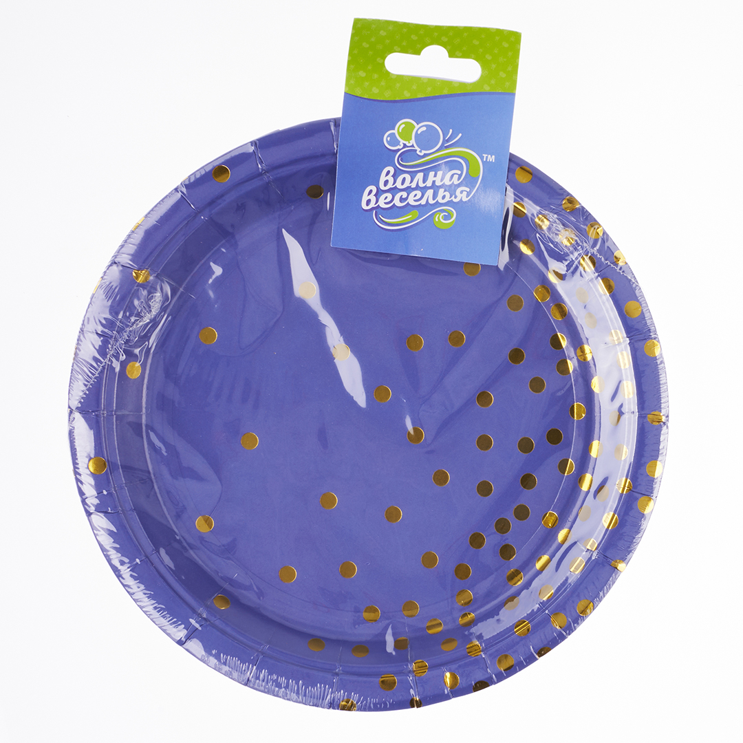 Тарелки (9''/23 см) Конфетти, Синий/Золото, Металлик, 6 шт.