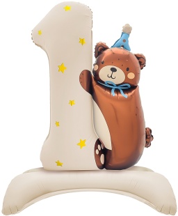 Шар (35''/89 см) Цифра на подставке, 1 Годик, Мишка в голубом колпачке, Бежевый, Сатин, 1 шт. в уп.