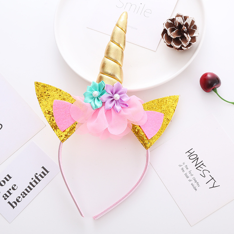 Ободок, Цветочный единорог, Золото/Розовый, с блестками, 1 шт. 