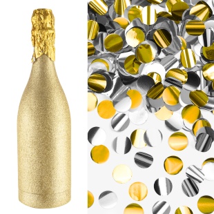 Пневмохлопушка (12/30 см), Бутылка Шампанское, Круги фольга, Золото/Серебро, Металлик, 1 шт.