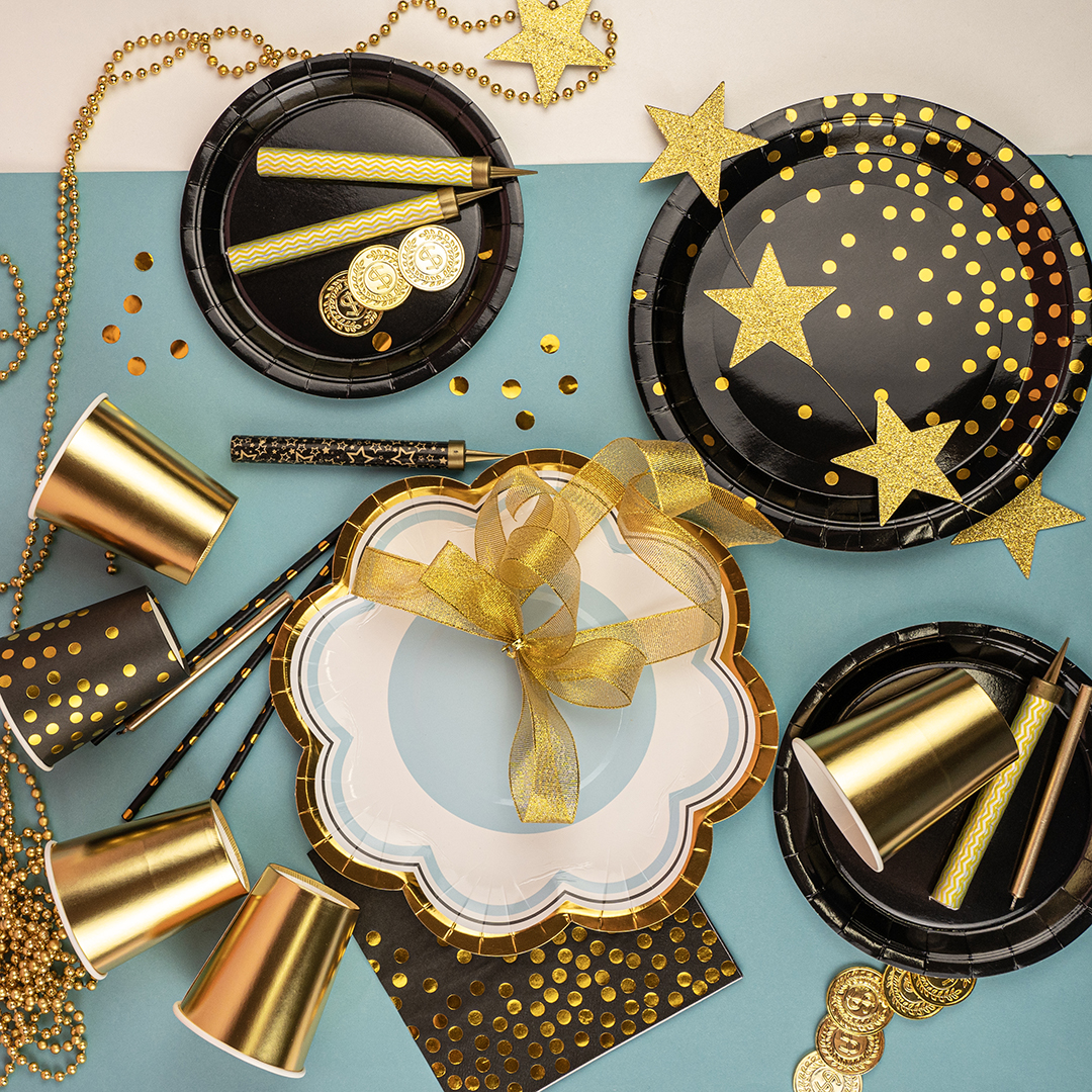 Тарелки (9''/23 см) Конфетти, Черный/Золото, Металлик, 6 шт.