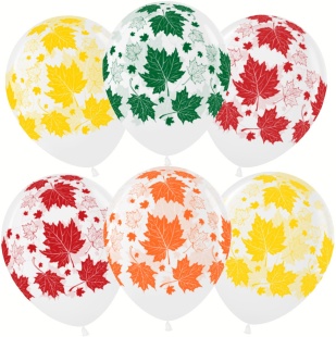 Шар (12''/30 см) Разноцветные листья, Прозрачный, кристалл, 5 ст, 25 шт.