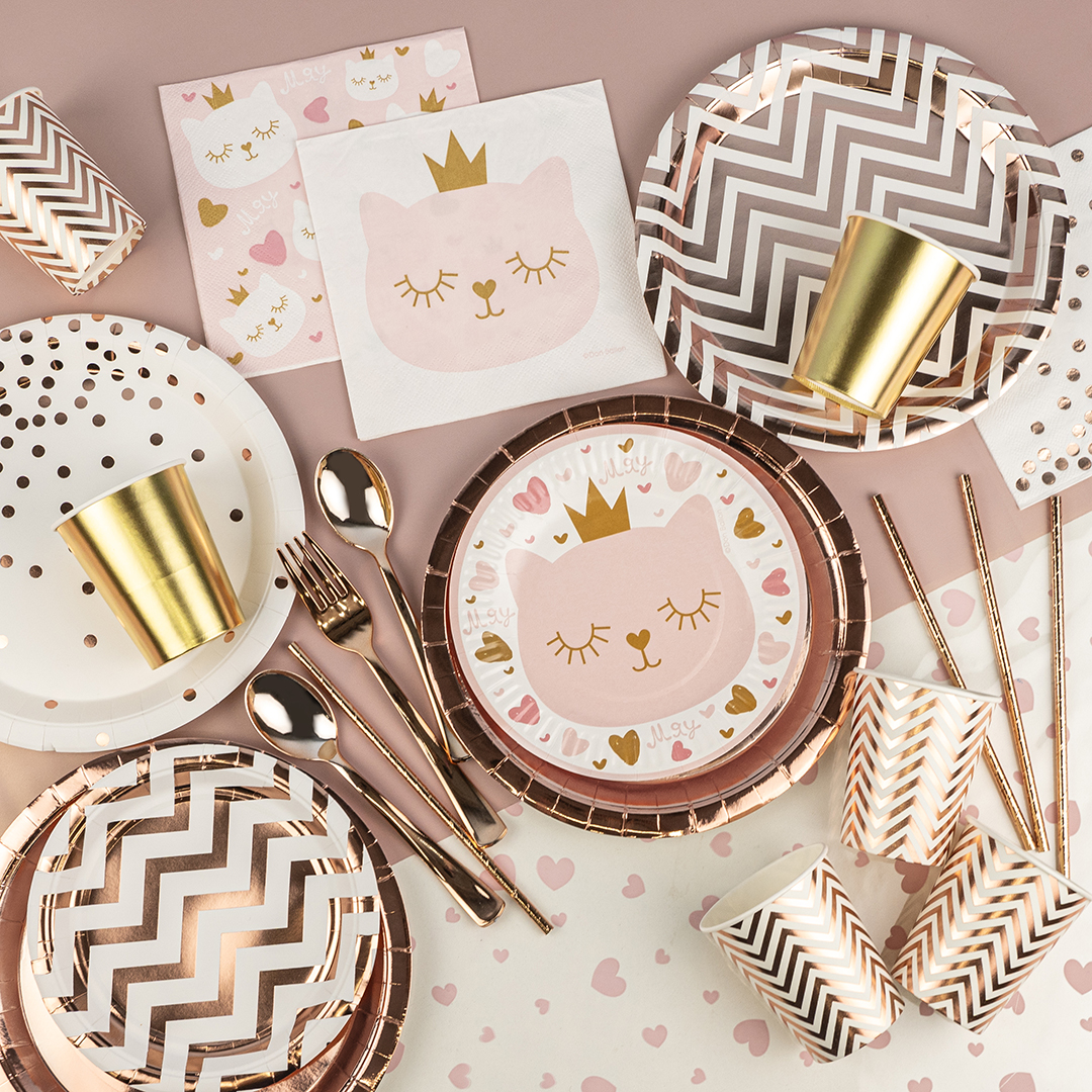 Тарелки (9''/23 см) Зигзаги, Белый/Розовое золото, Металлик, 6 шт.