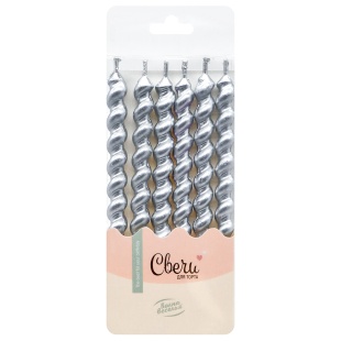 Свечи Роскошная серия, Серебро, Металлик, 0,8*7,5 + 2,5 см, 6 шт. с держат.