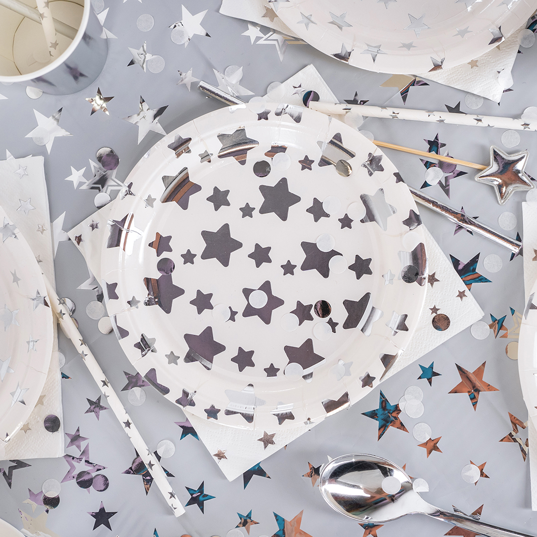 Тарелки (7''/18 см) Звезды Микс, Белый/Серебро, Металлик, 6 шт.