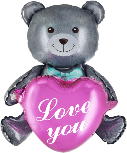 Шар (30''/76 см) Фигура 3D, Сидячий мишка с сердцем, Серый, 1 шт. в уп.