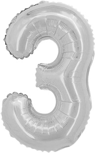 Шар с клапаном (16''/41 см) Мини-цифра, 3, Серебро, Металлик, 1 шт.