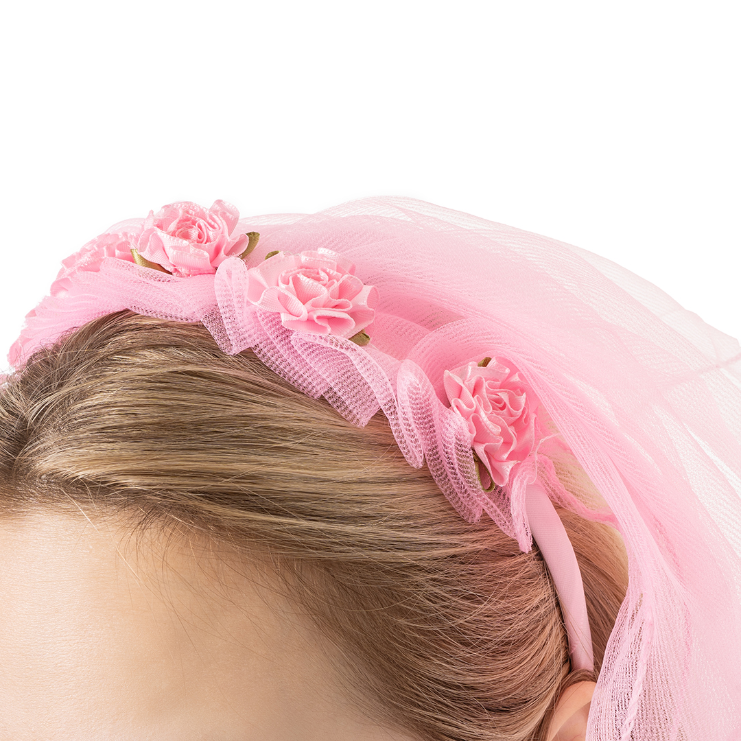 Ободок, Цветы (с фатой), Розовый, 60 см, 1 шт. 