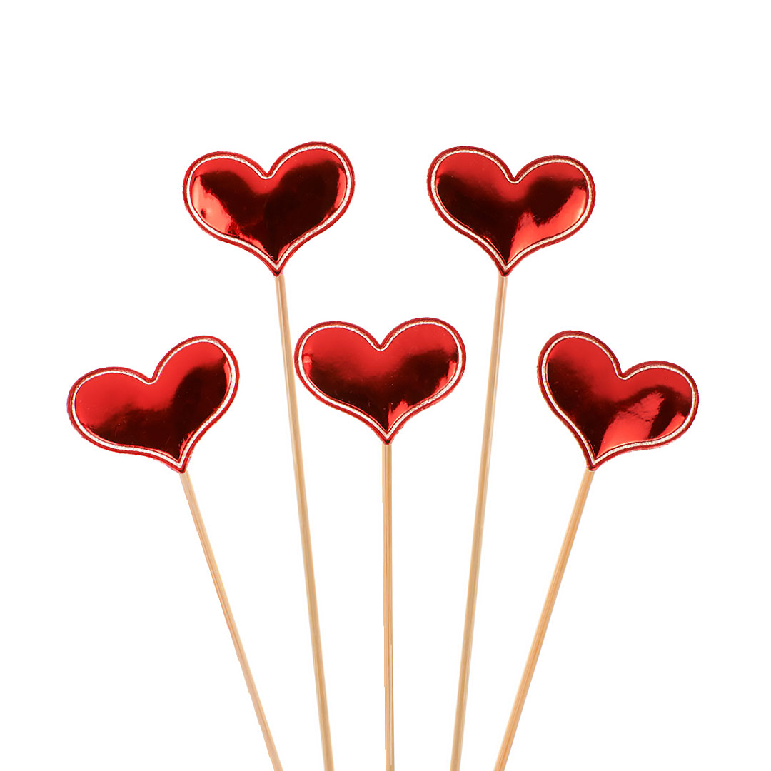 Пики Топперы, Сердце, Красный, Металлик, 12 см, 5 шт.