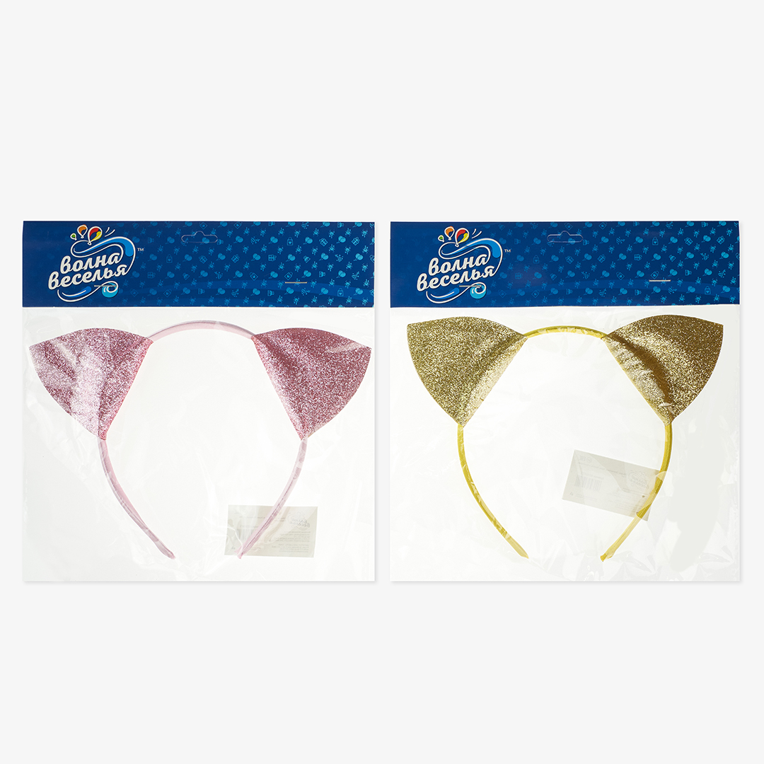 Ободок, Элегантные Ушки, Розовый, с блестками, 1 шт. 