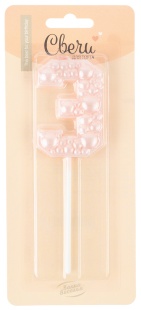 Свеча Цифра, 3 Воздушный жемчуг, на шпажке, Нежно-розовый, Перламутр, 6 см, 1 шт. с держат.