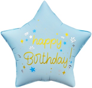 Шар (18''/46 см) Звезда, Happy Birthday (звездочки), Голубой, Сатин, 1 шт. в уп. (цв.этик.)