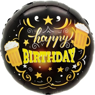 Шар (18''/46 см) Круг, Happy Birthday (кружки пива), Черный, 1 шт. в уп. (цв.этик.)
