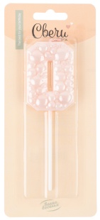 Свеча Цифра, 0 Воздушный жемчуг, на шпажке, Нежно-розовый, Перламутр, 6 см, 1 шт. с держат.