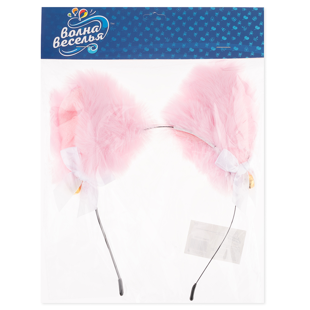Ободок, Пушистые ушки - фурри, с бантиками, Розовый, 1 шт. 