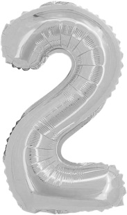 Шар с клапаном (16''/41 см) Мини-цифра, 2, Серебро, Металлик, 1 шт.