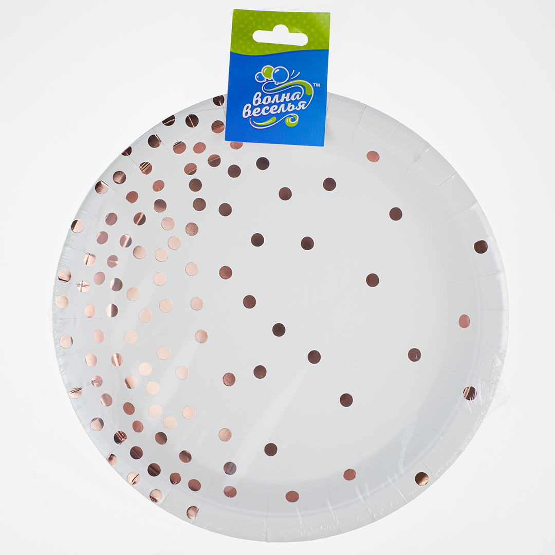 Тарелки (9''/23 см) Конфетти, Белый/Розовое золото, Металлик, 6 шт.