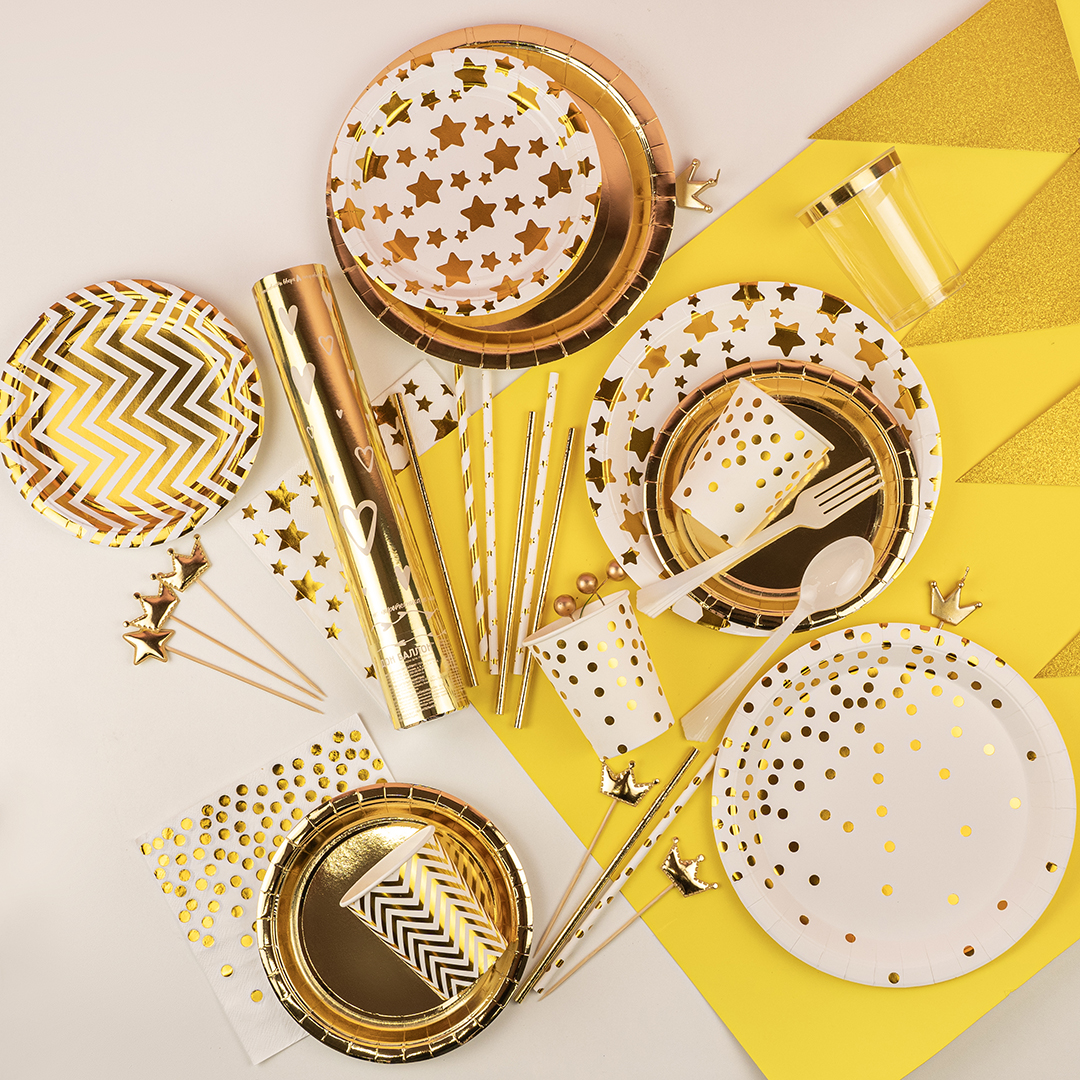 Тарелки (9''/23 см) Конфетти, Белый/Золото, Металлик, 6 шт.