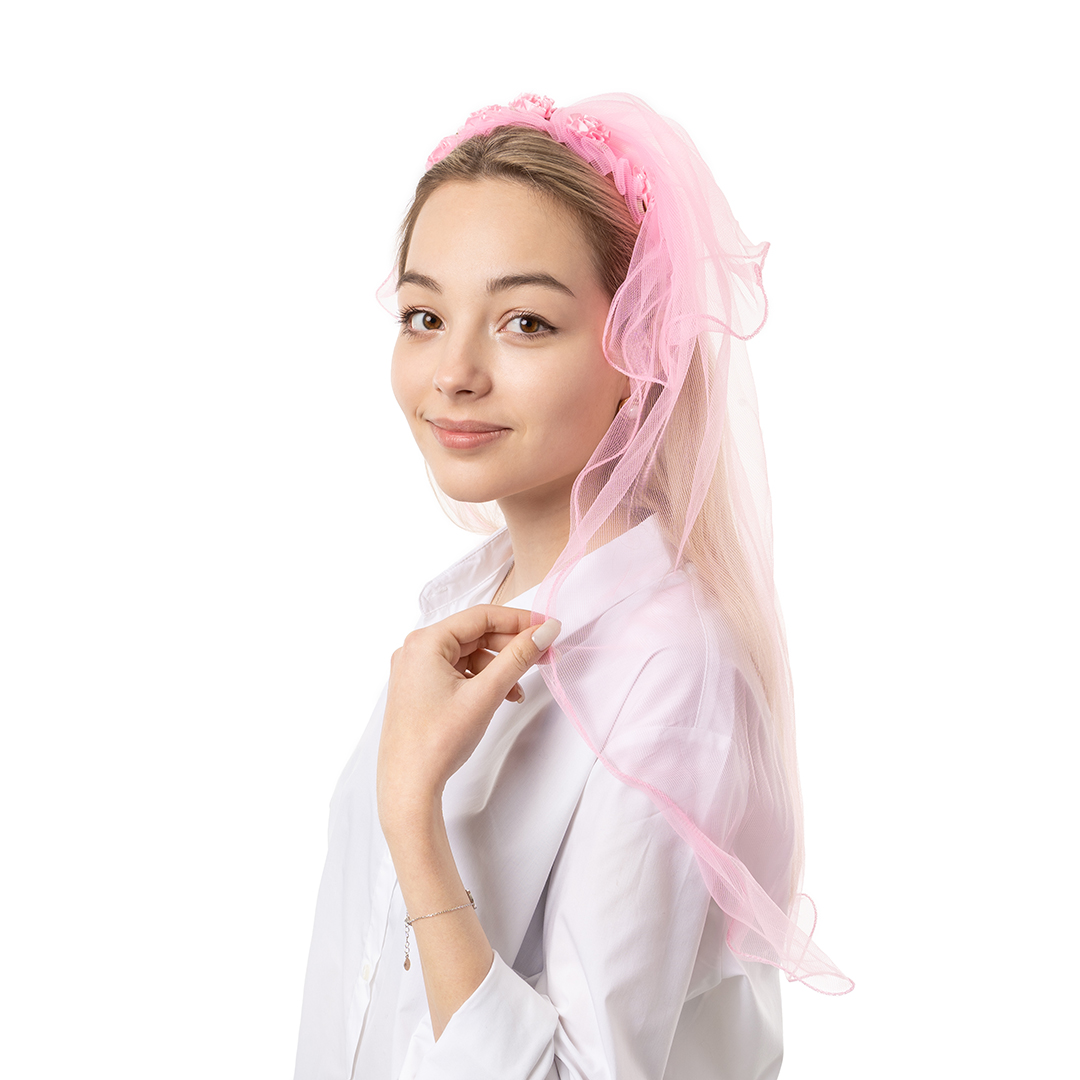 Ободок, Цветы (с фатой), Розовый, 60 см, 1 шт. 