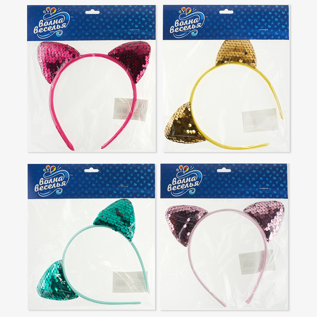 Ободок Кошка, с пайетками, Розовый, 1 шт. 