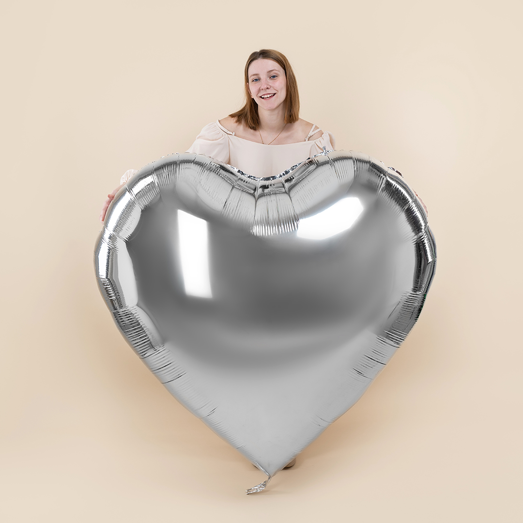 Шар (63''/160 см) Сердце, Серебро, Металлик, 1 шт. в уп.