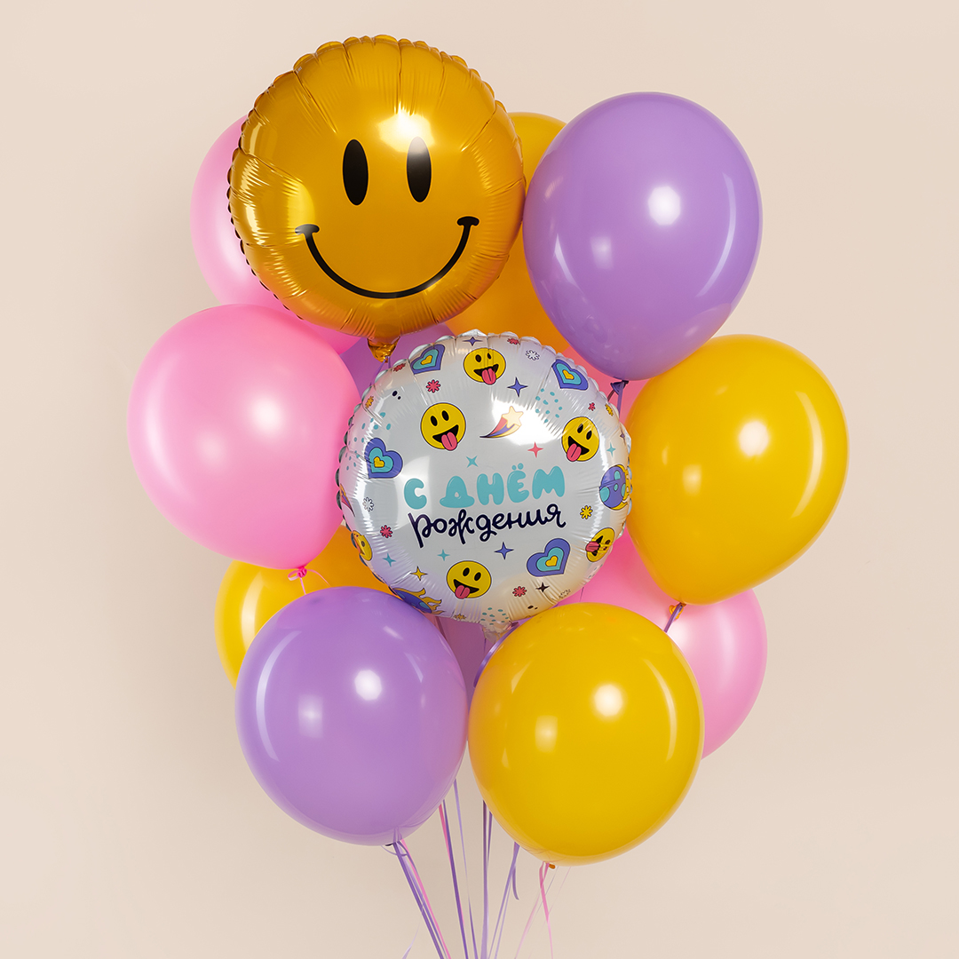 Шар (18''/46 см) Круг, С Днем Рождения (смайлы), 1 шт.
