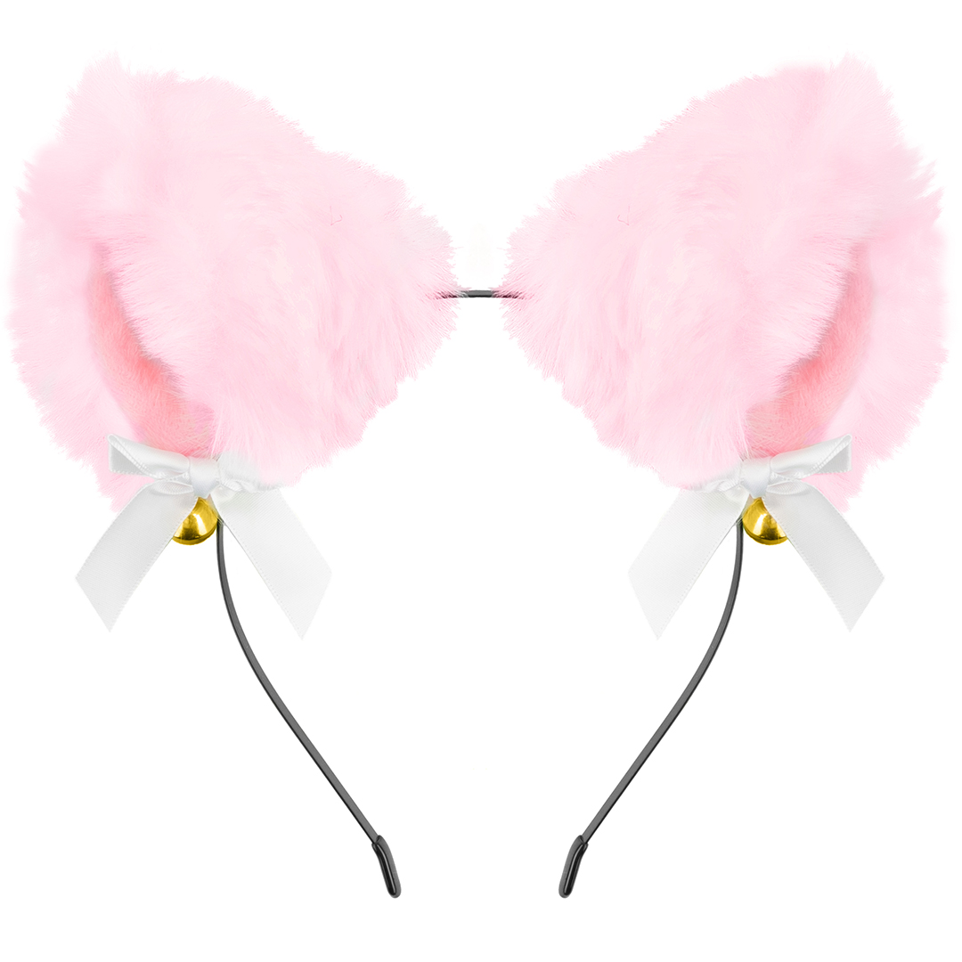 Ободок, Пушистые ушки - фурри, с бантиками, Розовый, 1 шт. 