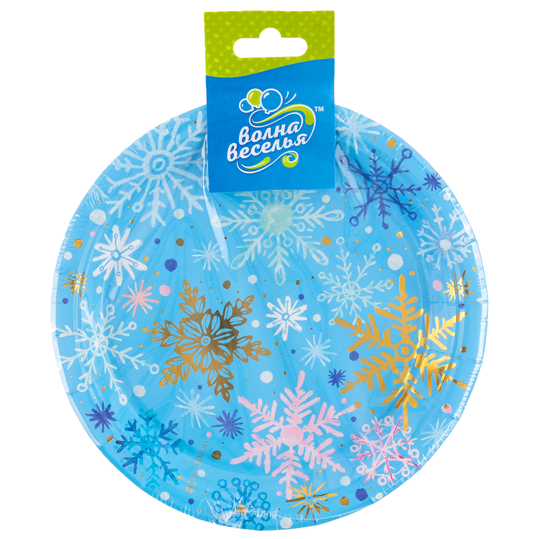 Тарелки (7''/18 см) Волшебные снежинки, Голубой, Металлик, 6 шт.