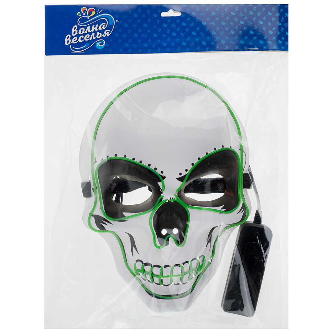 Карнавальная маска, Светодиодный череп, Зеленый, 16*23 см, 1 шт. 