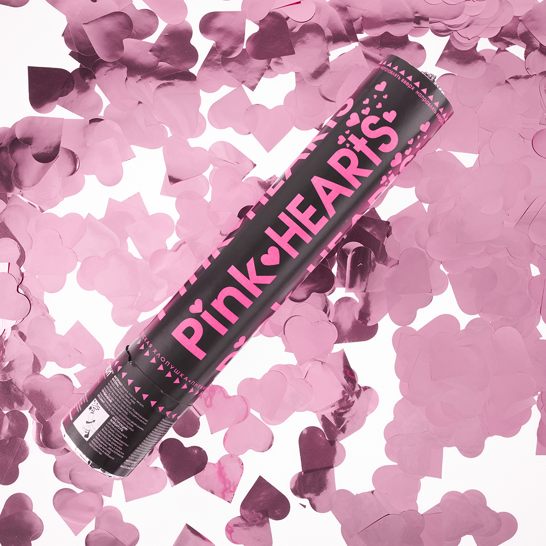 Пневмохлопушка (12/30 см), Сердца фольга, Розовый, Металлик, 1 шт.