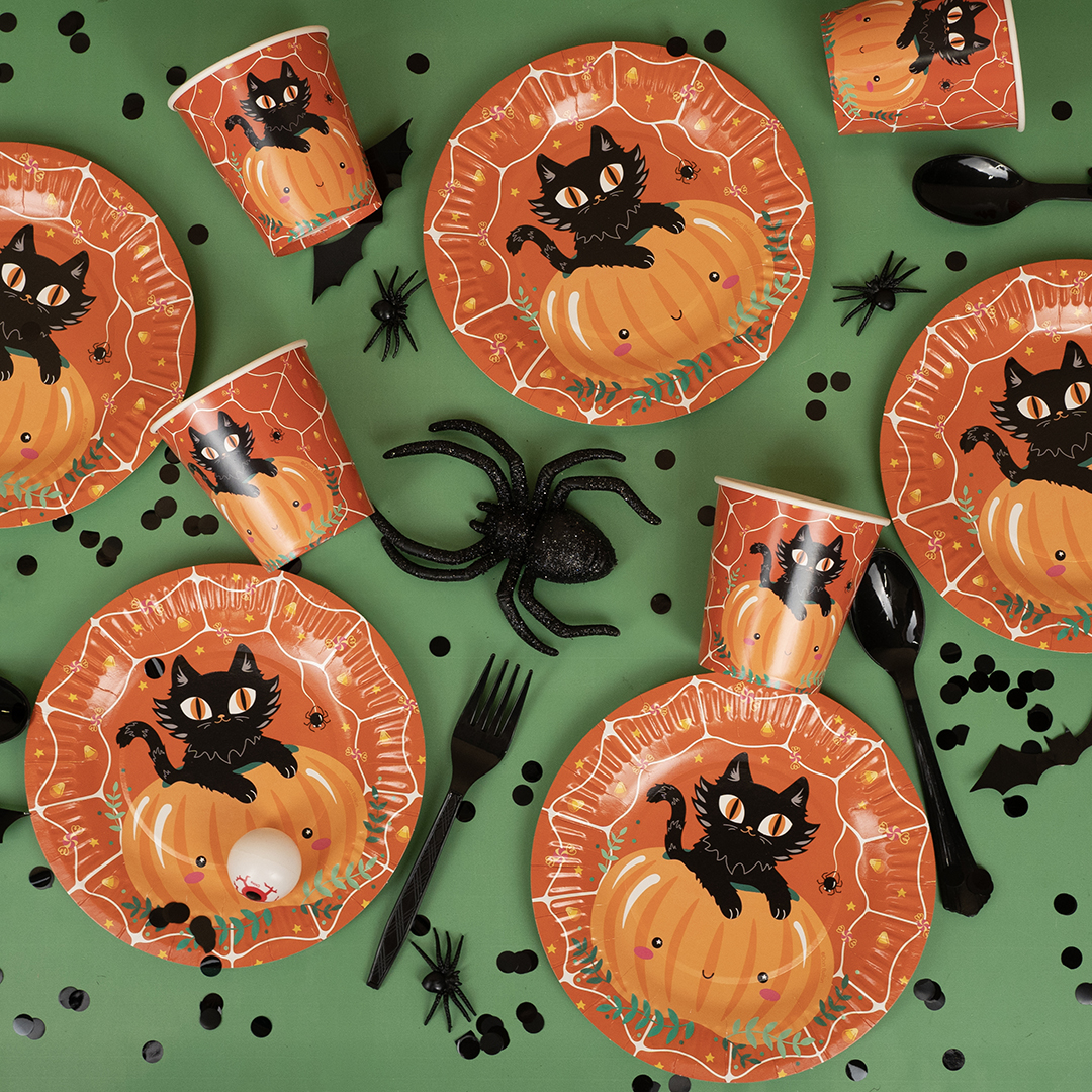 Тарелки (7''/18 см) Кошка на тыкве, Оранжевый, 6 шт.