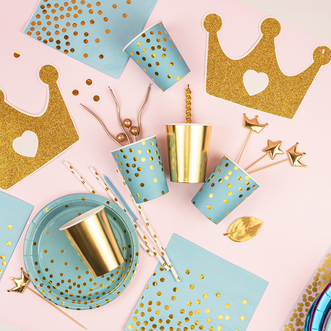 Тарелки (9''/23 см) Конфетти, Светло-голубой/Золото, Металлик, 6 шт.