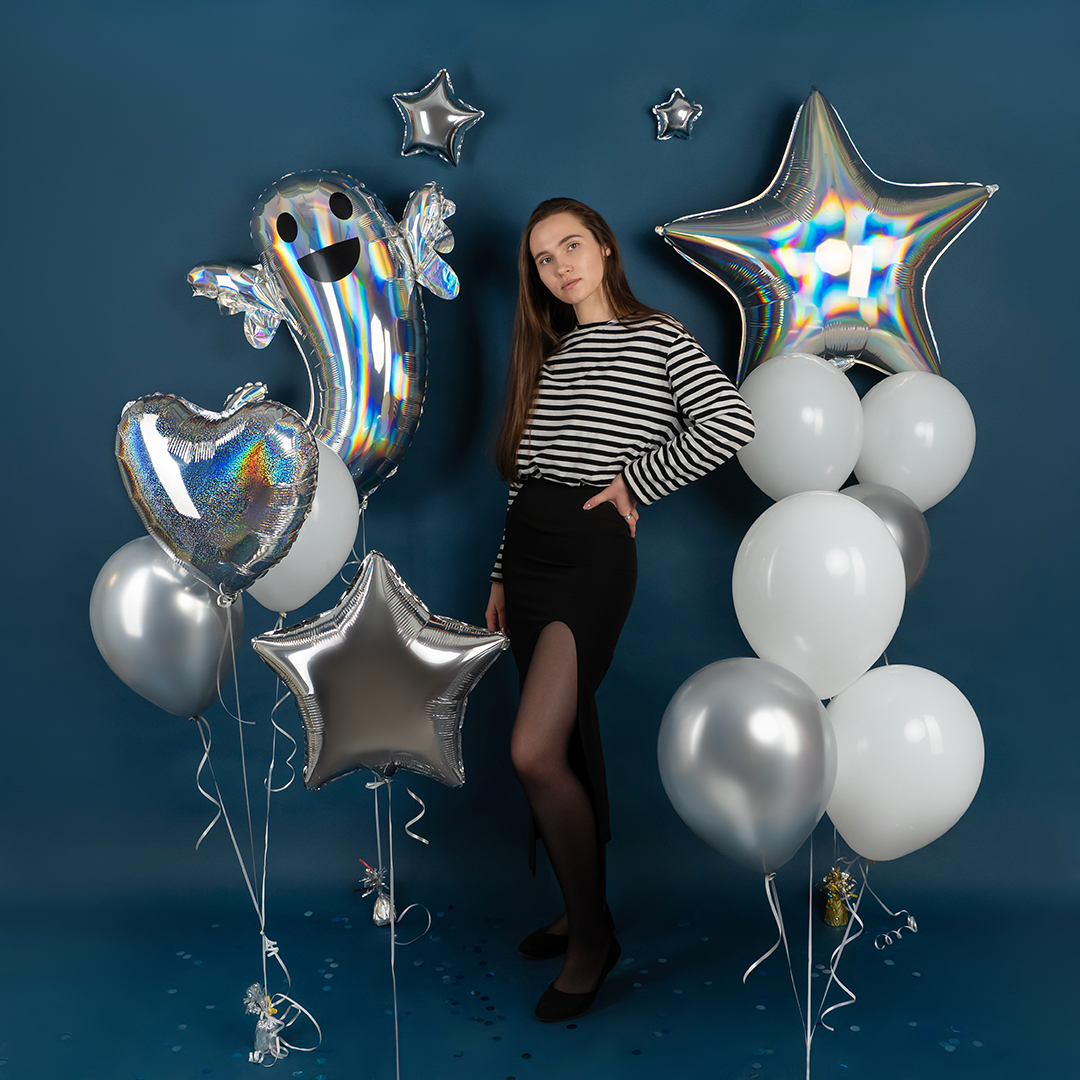 Шар (32''/81 см) Звезда, Серебро, Голография, 1 шт.