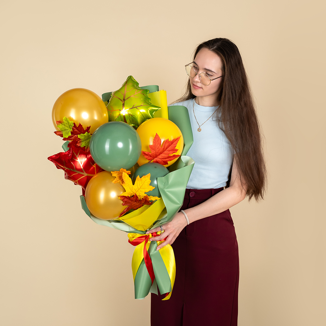 Шар с клапаном (14''/36 см) Мини-фигура, Кленовый лист, Зеленый, 5 шт. в уп.