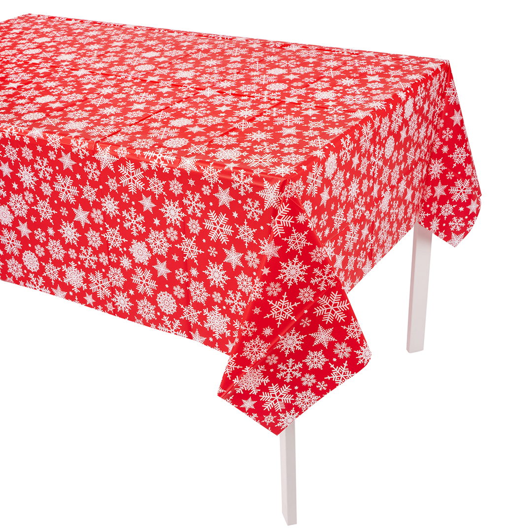Скатерть одноразовая, Снежинки, Красный/Белый, 137*274 см, 1 шт.