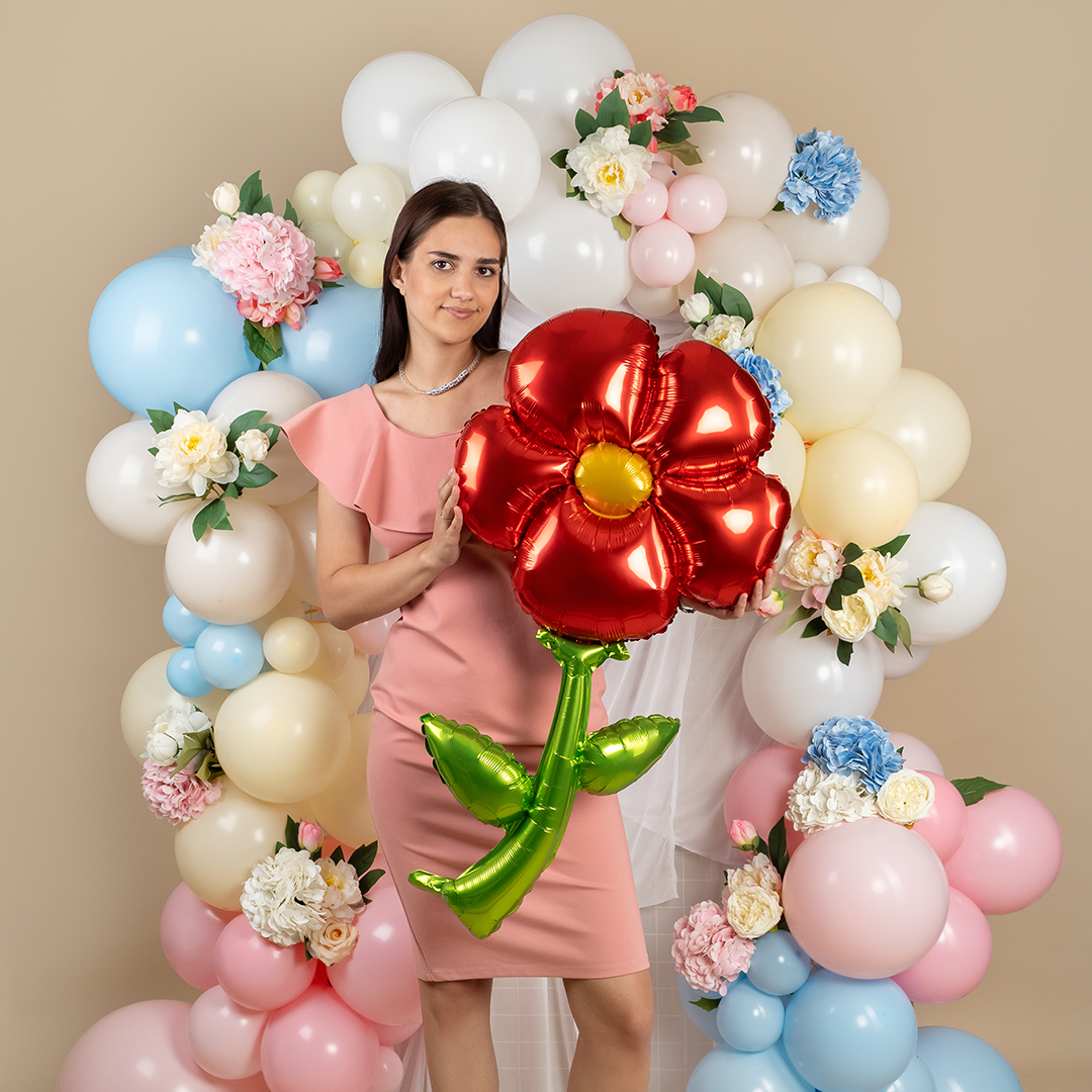 Шар (43''/109 см) Цветок, надув воздухом, Красный, 1 шт.