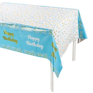 Скатерть одноразовая, Happy Birthday (звезды и конфетти), Белый/Голубой, Металлик, 137*183 см, 1 шт.