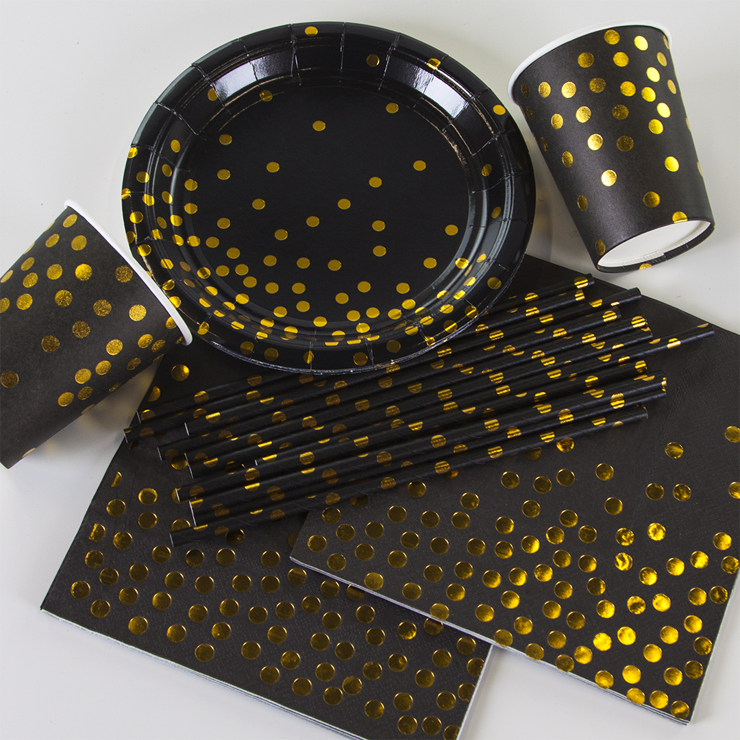 Тарелки (7''/18 см) Конфетти, Черный/Золото, Металлик, 6 шт.