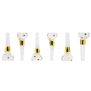 Карнавальные язычки гудки, Звезды Люкс, Белый/Золото, Металлик, 6 см, 6 шт. в упак. 