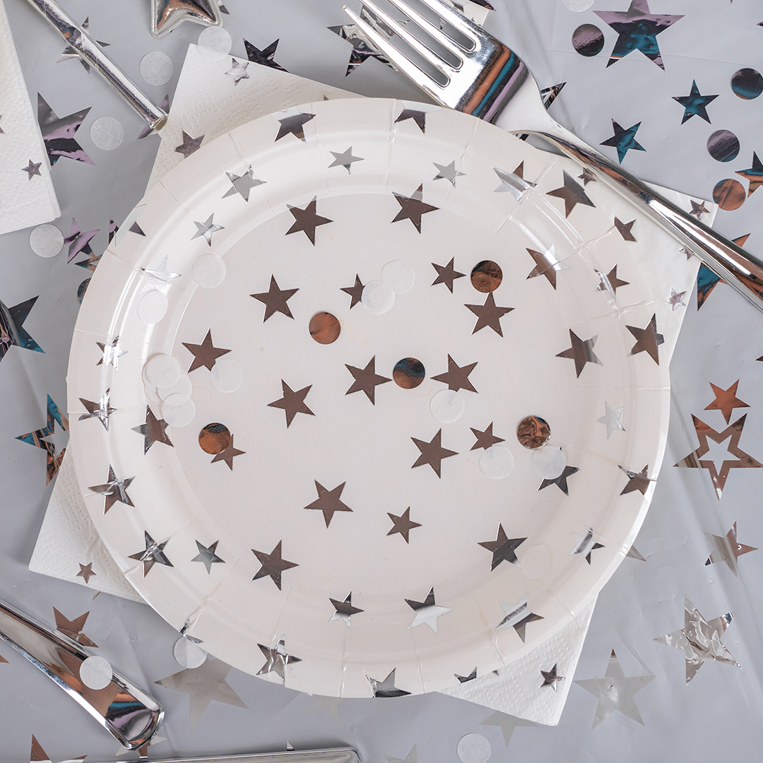 Тарелки (7''/18 см) Серебристые звезды, Белый/Серебро, Металлик, 6 шт.