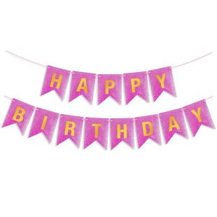Гирлянда Флажки, Happy Birthday, Розовый/Золото, Металлик, с блестками, 350 см, 17*12 см, 1 упак.
