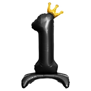 Шар (32''/81 см) Цифра на подставке, 1 Золотая корона, Черный, 1 шт. в уп.