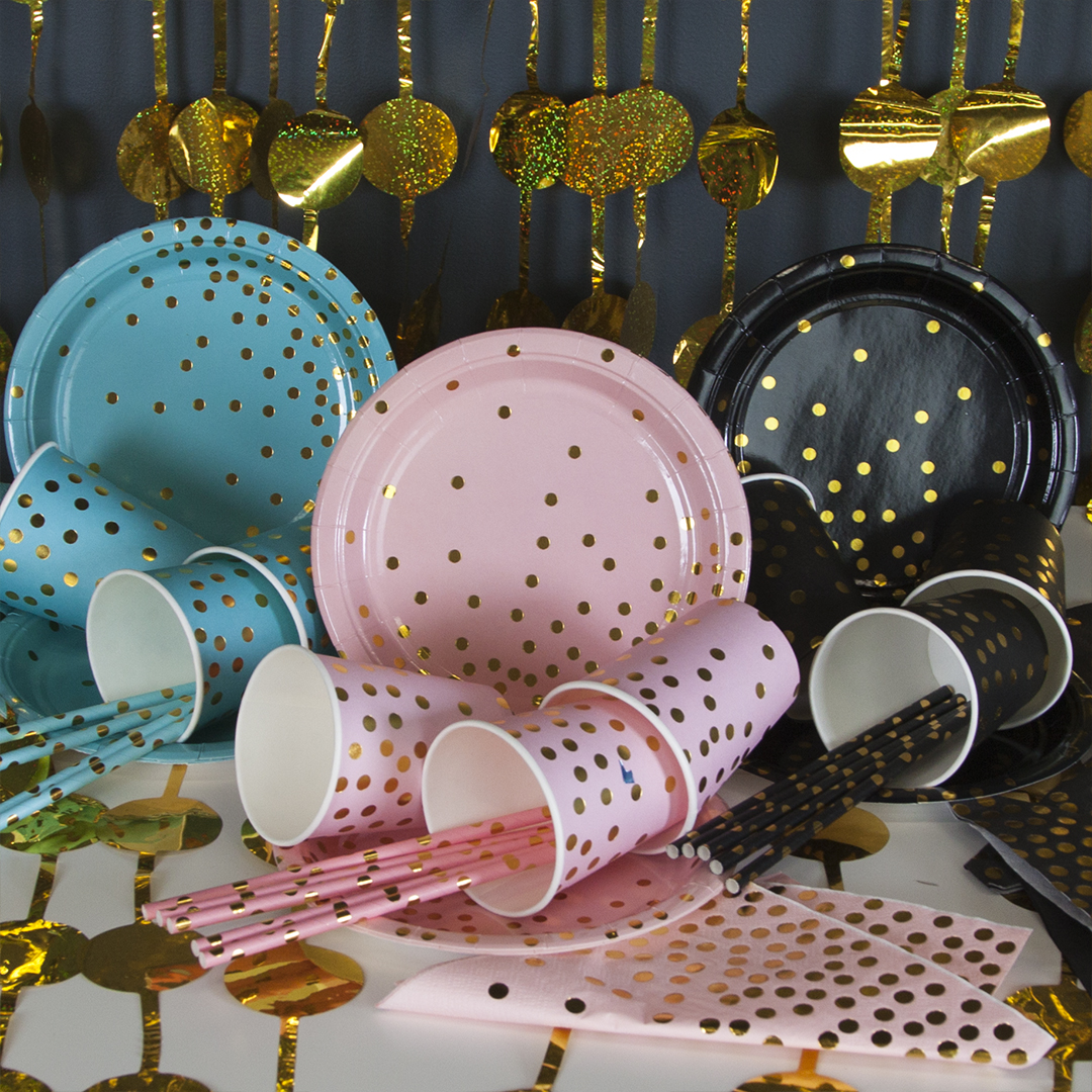 Тарелки (7''/18 см) Конфетти, Черный/Золото, Металлик, 6 шт.