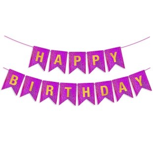 Гирлянда Флажки, Happy Birthday, Фуше/Золото, Голография, 350 см, 17*12 см, 1 упак.