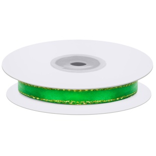 Лента атласная (1 см*22,85 м) Золотая окантовка, Зеленый, 1 шт.